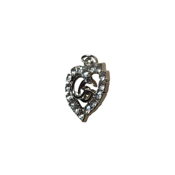 Gucci Silver Heart Zipper Pull Charm with Logo and Clear Stones